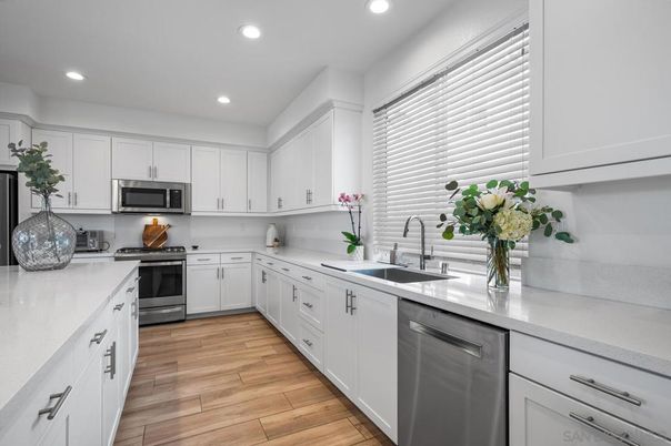 Interior, Kitchen, Recessed Lighting, Stainless Steel Appliances, Wood Texture Flooring