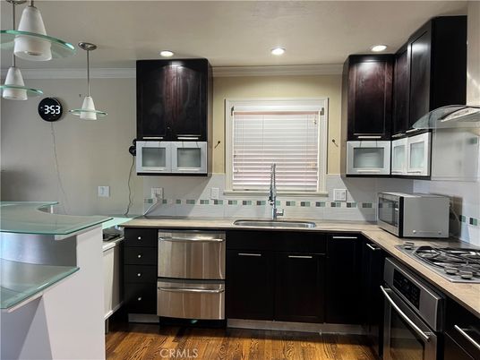 Interior, Kitchen, Pendant Lights, Recessed Lighting, Stainless Steel Appliances, Wood Texture Flooring