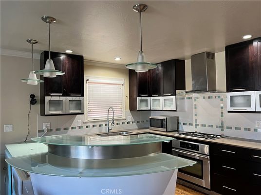 Interior, Kitchen, Pendant Lights, Recessed Lighting, Stainless Steel Appliances, Wood Texture Flooring