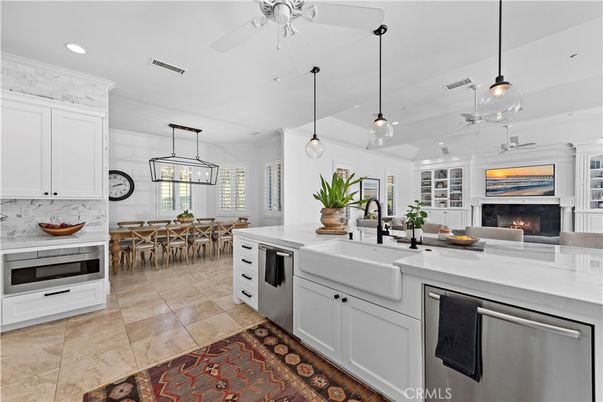 Dining room, Fireplace, Interior, Kitchen, Pendant Lights, Recessed Lighting, Stainless Steel Appliances