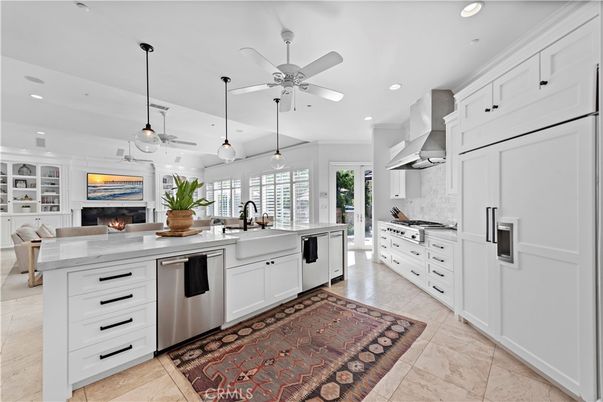Fireplace, Interior, Kitchen, Pendant Lights, Recessed Lighting, Stainless Steel Appliances