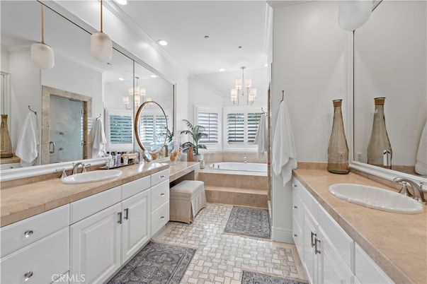 Bathroom, Dual Sink Vanities, Interior, Pendant Lights, Recessed Lighting, Tile Countertops