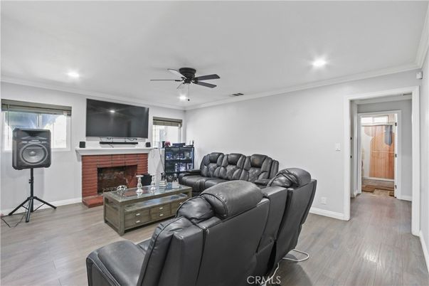 Home Theatre Room, Fireplace, Interior, Living room, Recessed Lighting, Wood Texture Flooring