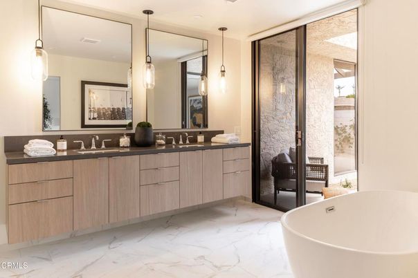 Bathroom, Dual Sink Vanities, Free Standing Baths, Interior, Marble, Pendant Lights
