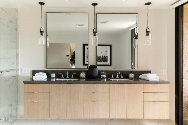 Bathroom, Dual Sink Vanities, Interior, Marble, Marble Walls, Pendant Lights