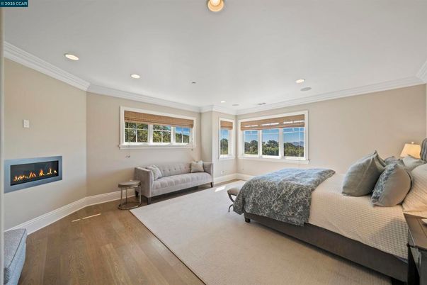 Bedroom, Fireplace, Interior, Recessed Lighting, Wood Texture Flooring