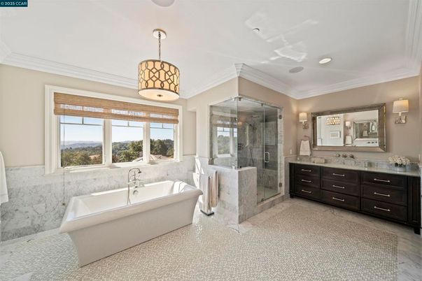 Bathroom, Free Standing Baths, Glass Shower, Interior, Recessed Lighting
