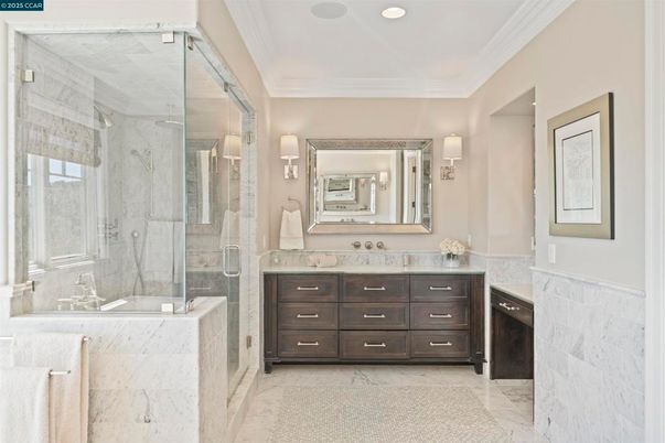 Bathroom, Dual Sink Vanities, Glass Shower, Interior, Marble, Recessed Lighting
