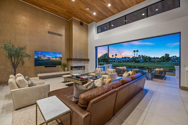 Fireplace, Interior, Living room, Recessed Lighting, Wooden Ceilings