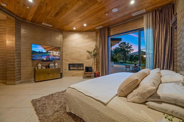 Bedroom, Fireplace, Interior, Recessed Lighting, Wooden Ceilings, Wooden Walls