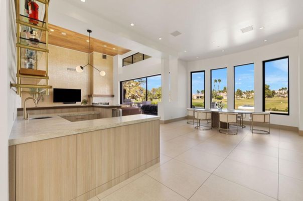 Dining room, Interior, Kitchen, Pendant Lights, Recessed Lighting, Stainless Steel Appliances, Wooden Ceilings