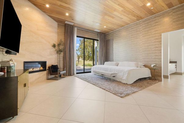 Bedroom, Fireplace, Interior, Recessed Lighting, Wooden Ceilings