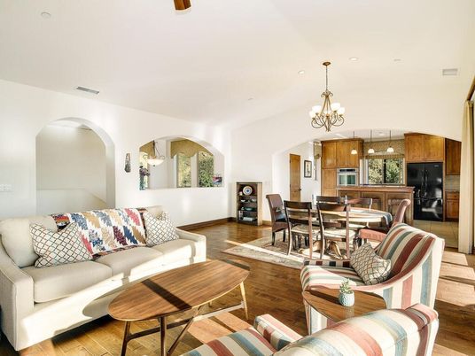 Chandelier, Dining room, Interior, Kitchen, Living room, Recessed Lighting, Stainless Steel Appliances, Wood Texture Flooring