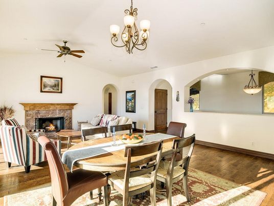 Chandelier, Dining room, Fireplace, Interior, Living room, Wood Texture Flooring