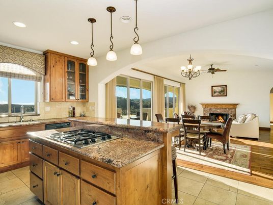 Chandelier, Dining room, Fireplace, Interior, Kitchen, Living room, Pendant Lights, Recessed Lighting
