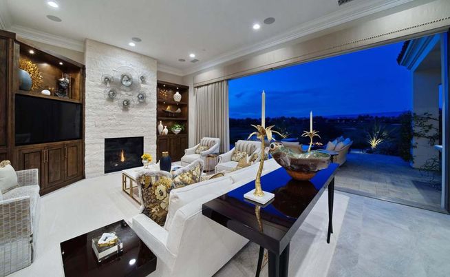 Fireplace, Interior, Living room, Recessed Lighting, Stone Walls