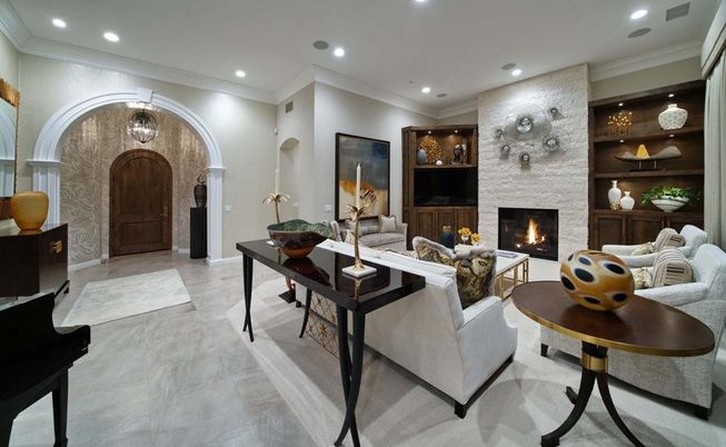 Fireplace, Interior, Living room, Piano, Recessed Lighting, Stone Walls