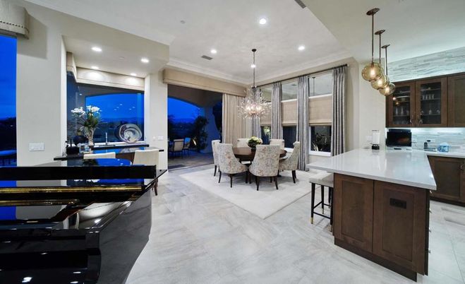Chandelier, Dining room, Interior, Kitchen, Marble, Pendant Lights, Recessed Lighting