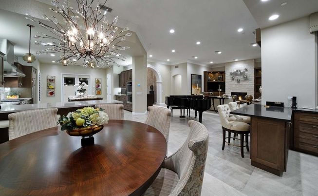 Dining room, Fireplace, Interior, Living room, Pendant Lights, Piano, Recessed Lighting