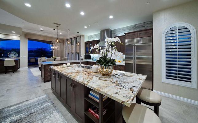 Interior, Kitchen, Marble, Pendant Lights, Recessed Lighting, Stainless Steel Appliances