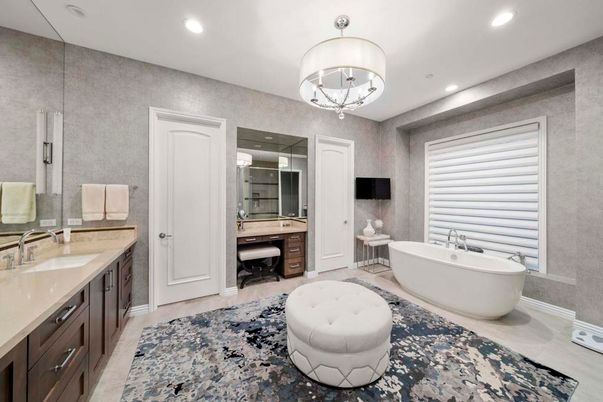 Bathroom, Chandelier, Dual Sink Vanities, Free Standing Baths, Interior, Pendant Lights, Recessed Lighting