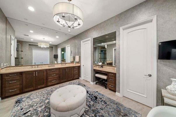Bathroom, Chandelier, Dual Sink Vanities, Interior, Recessed Lighting