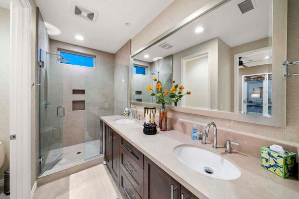 Bathroom, Dual Sink Vanities, Glass Shower, Interior, Recessed Lighting
