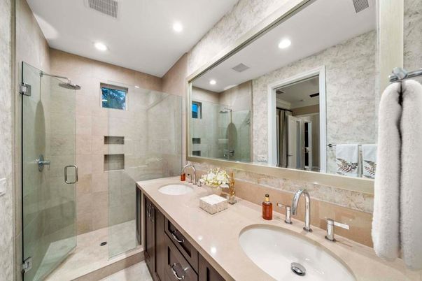 Bathroom, Dual Sink Vanities, Glass Shower, Interior, Recessed Lighting