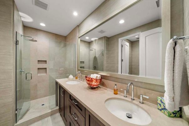 Bathroom, Dual Sink Vanities, Glass Shower, Interior, Recessed Lighting