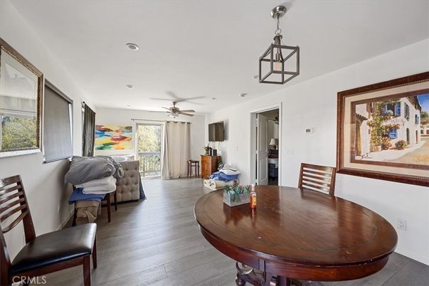 Dining room, Interior, Pendant Lights, Recessed Lighting, Wood Texture Flooring
