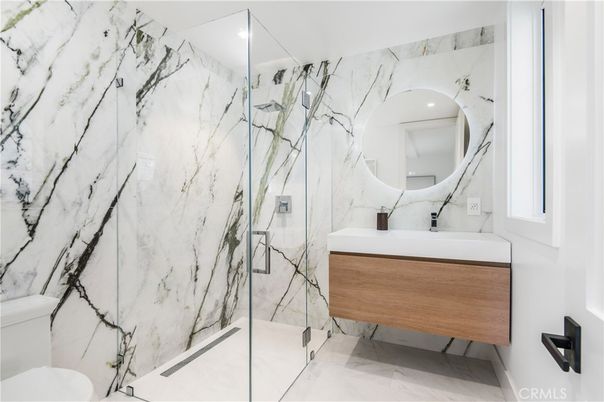 Bathroom, Glass Shower, Interior, Marble, Marble Walls, Recessed Lighting