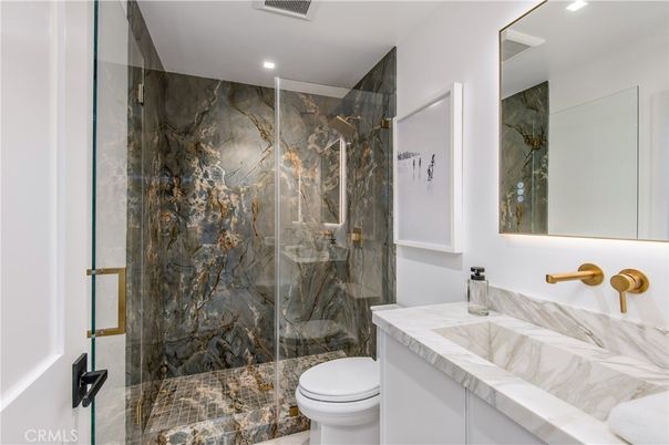 Bathroom, Glass Shower, Interior, Marble Walls, Recessed Lighting
