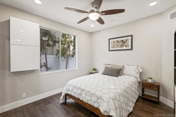 Bedroom, Interior, Recessed Lighting, Wood Texture Flooring