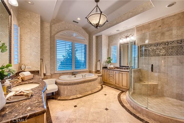 Bathroom, Dual Sink Vanities, Glass Shower, Interior, Pendant Lights, Recessed Lighting