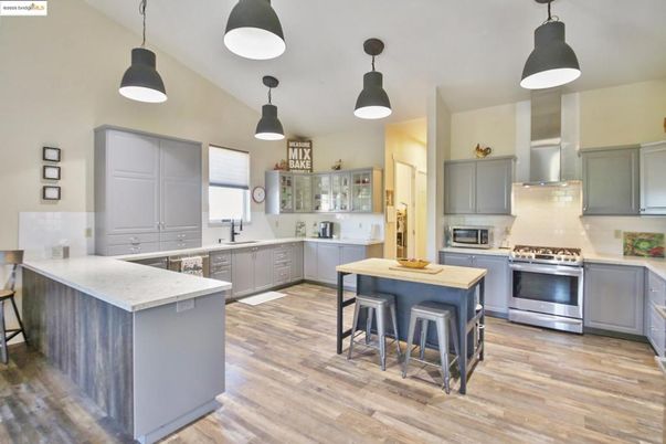 Interior, Kitchen, Pendant Lights, Stainless Steel Appliances, Wood Texture Flooring