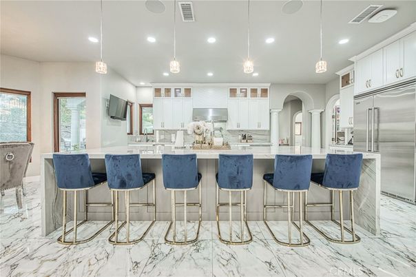 Interior, Kitchen, Marble, Pendant Lights, Recessed Lighting, Stainless Steel Appliances