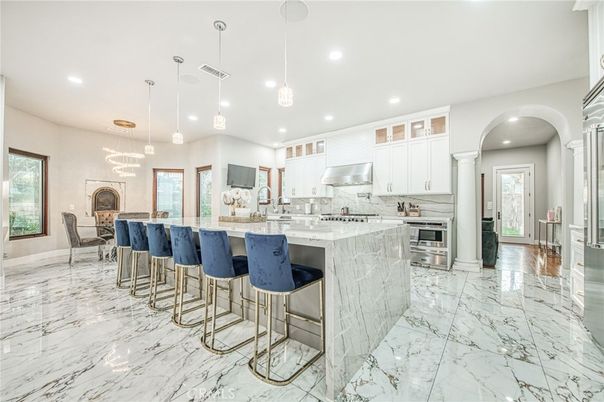Interior, Kitchen, Marble, Pendant Lights, Recessed Lighting, Stainless Steel Appliances