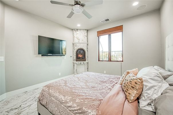Bedroom, Fireplace, Interior, Marble, Recessed Lighting