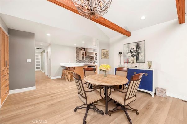 Dining room, Interior, Kitchen, Recessed Lighting, Wooden Beams, Wood Texture Flooring