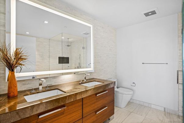 Bathroom, Dual Sink Vanities, Glass Shower, Interior, Marble, Recessed Lighting