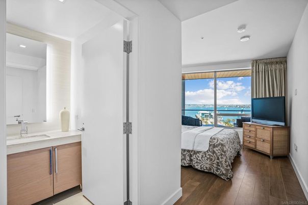Bedroom, Interior, Recessed Lighting, Water, Wood Texture Flooring