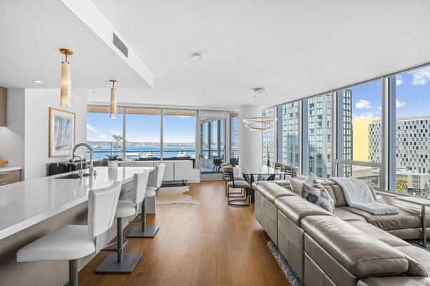 Dining room, Interior, Kitchen, Living room, Pendant Lights, Recessed Lighting, Water, Wood Texture Flooring