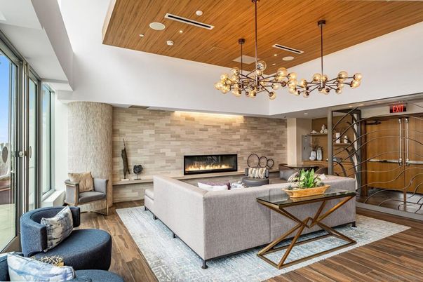Fireplace, Interior, Living room, Pendant Lights, Recessed Lighting, Stone Walls, Wooden Ceilings, Wood Texture Flooring