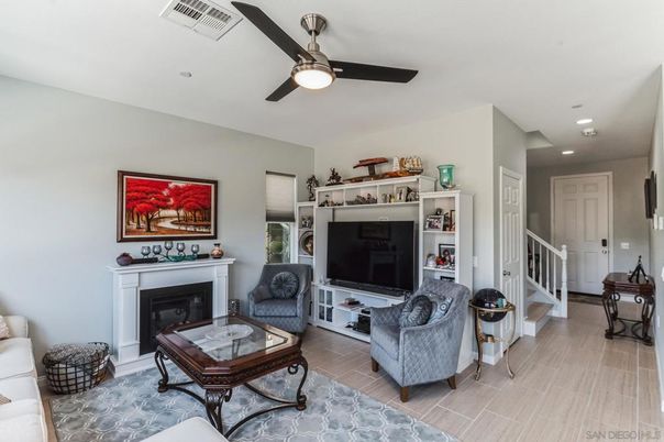 Fireplace, Interior, Living room, Recessed Lighting, Wood Texture Flooring