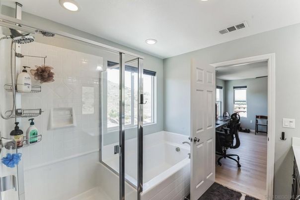 Bathroom, Glass Shower, Interior, Recessed Lighting, Wood Texture Flooring
