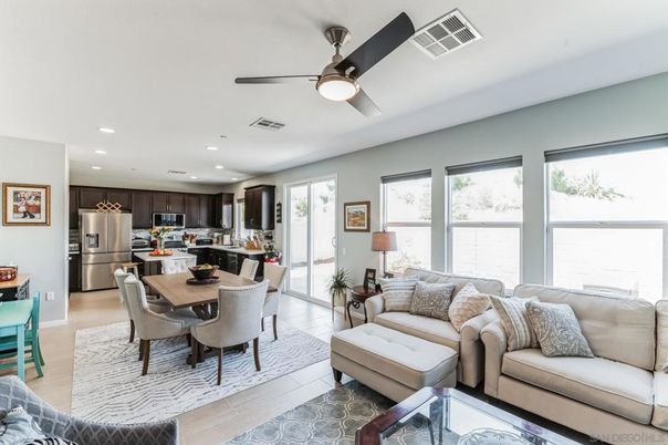 Dining room, Interior, Kitchen, Living room, Recessed Lighting, Stainless Steel Appliances, Wood Texture Flooring