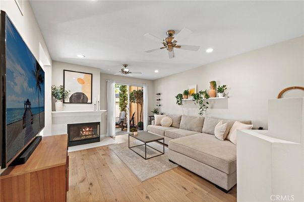 Fireplace, Interior, Living room, Recessed Lighting, Wood Texture Flooring