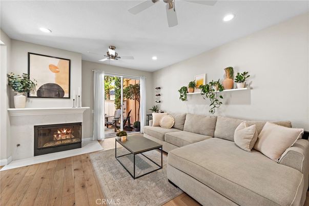 Fireplace, Interior, Living room, Recessed Lighting, Wood Texture Flooring