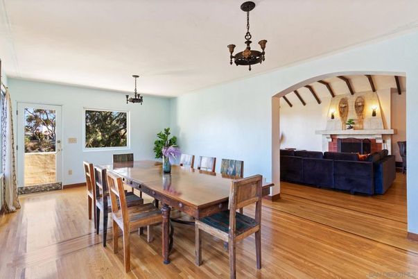 Dining room, Fireplace, Interior, Pendant Lights, Wood Texture Flooring