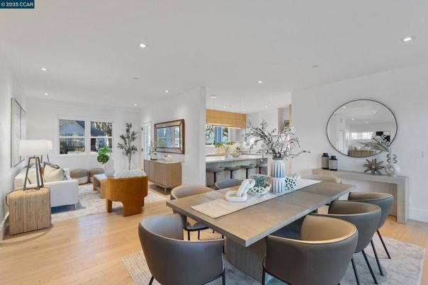 Dining room, Interior, Living room, Recessed Lighting, Wood Texture Flooring